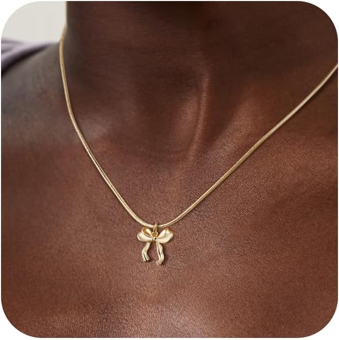 Risamil Store 14K Gold Plated Necklace for Women - Bow Necklace - Dainty Necklace Cute Small Tiny Bow Pendant Choker Chain Necklace Trendy Necklaces for Women Jewelry Gift - Image 1